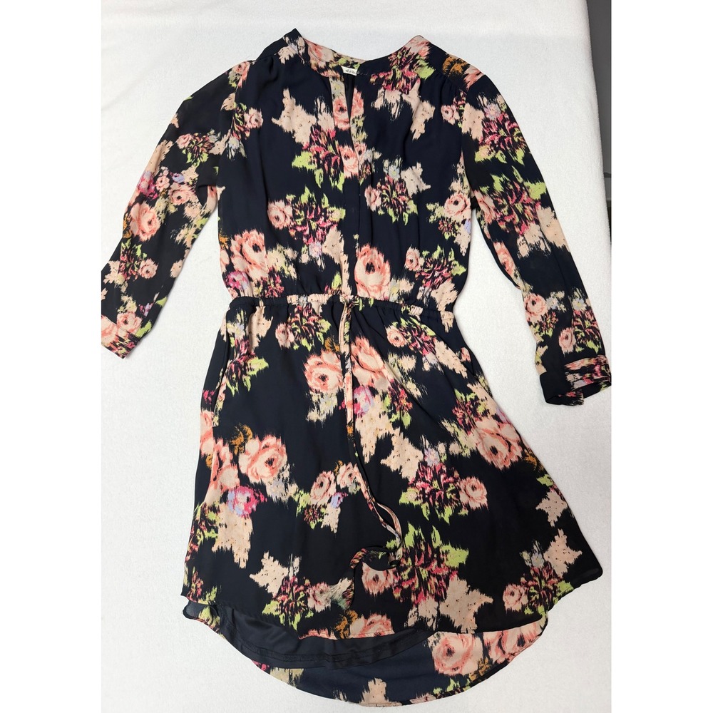 Daniel Rainn Floral Chiffon Long Sleeve Dress Navy Pink Small DR0349PR1
